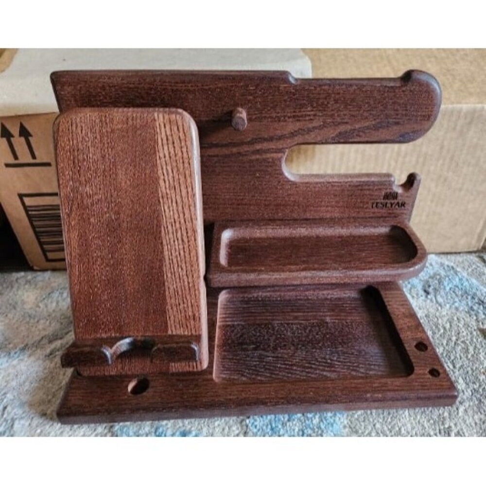 New Wood Phone Docking Station Ash Key Holder Stand Watch Organizer Men Gift